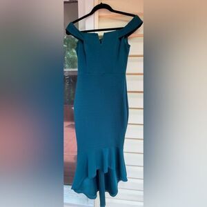 Armani Exchange turquoise off-shoulder bodycon dress, high-low valance, size 8